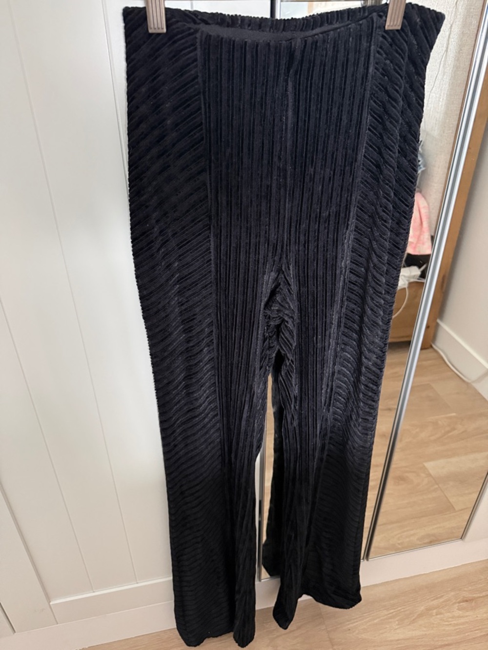 Black Ribbed Velvet Flare-Leg Pants